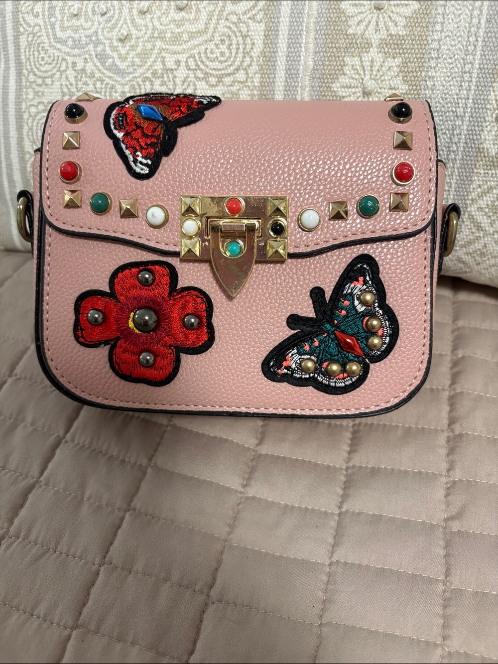 Pink Embellished Crossbody Bag with Floral & Butterfly Appliqué. Candy couture